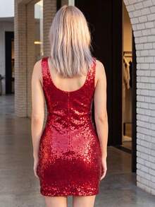 Women Sequin Crew Neck Mini Dress Sleevless Party Dress For Club - Rojo - Ver 5