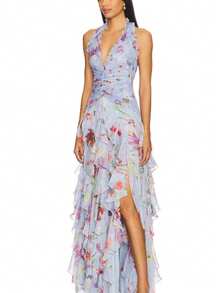 Women's Boho Chiffon Halter Floral Print Ruffled Long A-Line Flared Dress - Gris Claro - Ver 5