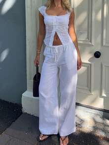 2pcs Solid Color Bohemian Casual Top With Drawstring Pocket & Flared Leg Pants Set, Women Summer Outfit For Daily, Date Night, Vacation White - White - View 1