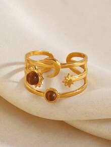 1pc 18K Gold Plated Stainless Steel Star & Moon Ring, Suitable For Women's Daily Wear, Party, Holiday Gift - Multicolor - View 6