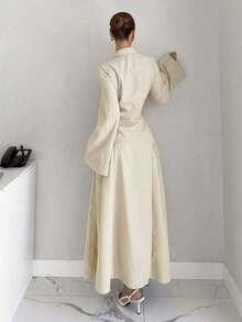 Women's Fashion Striped Print Waist-Cinched Long Dress - 淡黃色 - 查看 2