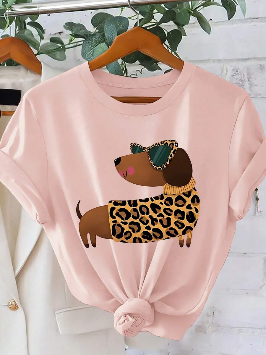 2026 Summer New Leopard Print Outfit Dachshund Print Women's T-Shirt 2026 Spring Summer  Cute Pet Style Short Sleeve Casual Personality Outfit Loose S - 粉紅色 - 查看 1