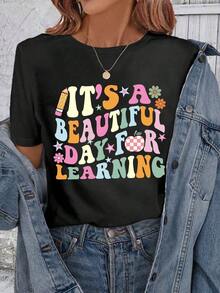 Casual Minimalist Teacher's Day "It's A Beautiful Day" Print Loose Round Neck Short Sleeve T-Shirt For Women, Suitable For Summer, Cotton Blend Suitable For Going Out,Casual woman Todo tipo de impresiones, chaqueta, camiseta de cuello redondo, casual, para oficina, para viajar, muy popular, viento deportivo, estampado/patrón, camiseta de algodón 100%, camiseta casual, cómoda, suave, transpirable The latest popular bestseller - Negro - Ver 1