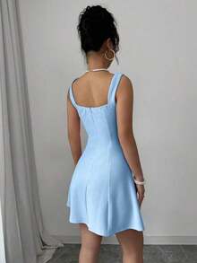 Vestido casual de mujer con parches de unicolor, tirantes anchos y cuentas - Verde - Ver 8