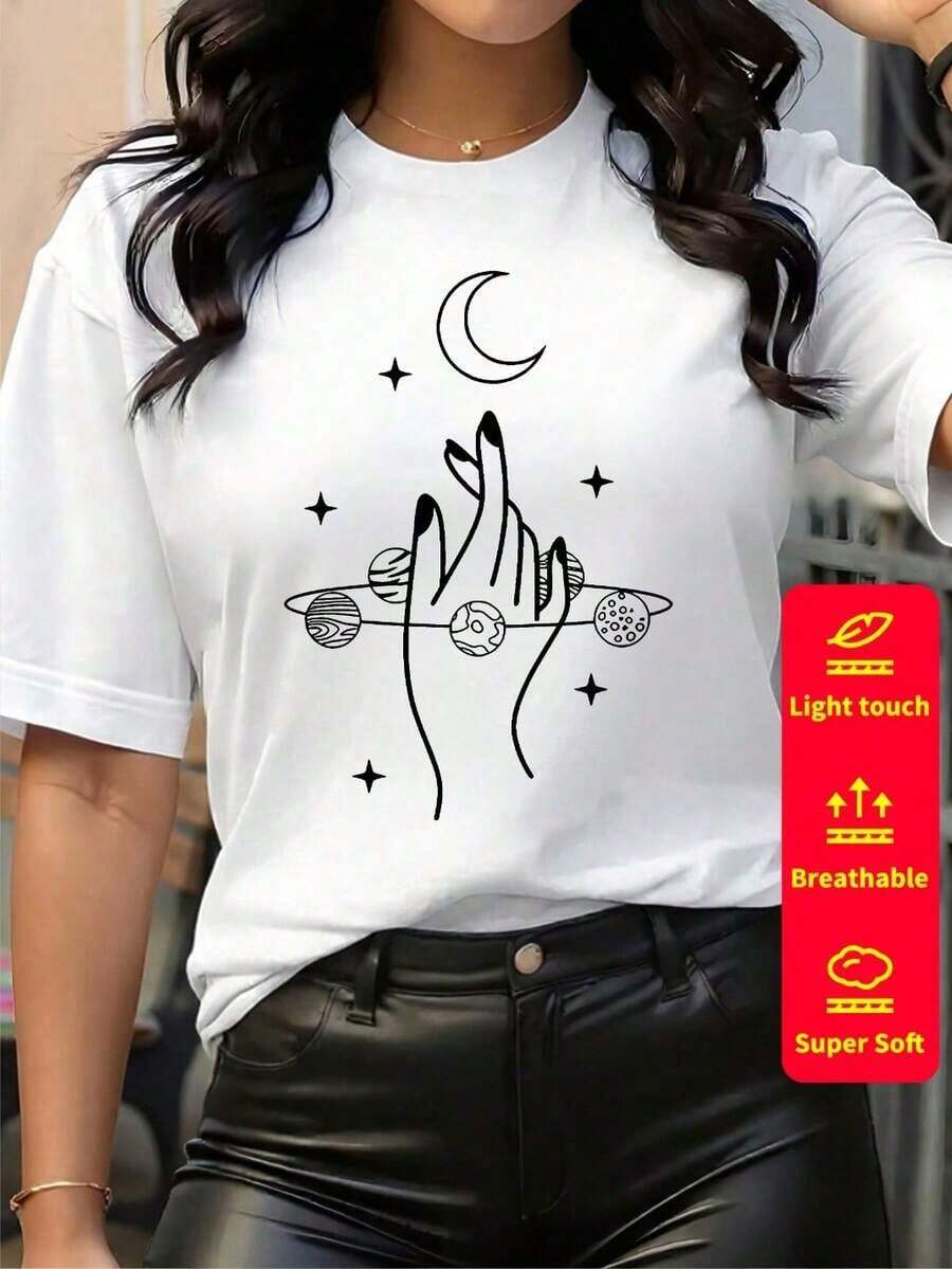 1 pcsCamiseta de mujer de manga corta, cuello redondo, 100% algodón, holgada, de estilo casual y versátil con estampado moderno.180g 100% Cotton - Blanco-1 - Ver 1