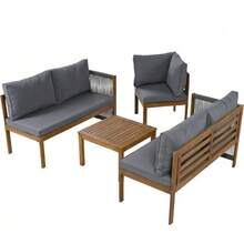 Garden Furniture Set, Corner Sofa + Coffee Table, Acacia Wood Frame, Acacia Wood Tabletop, Braided Rope Craftsmanship, Suitable For Garden, Grey Color. - Grey - View 6