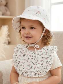 2pcs/Set Summer Floral Print Baby Bibs With Ruffle Trim & Soft Breathable Baby Sun Hat/Bucket Hat Set, Suitable For Daily Outdoor Use - Multicolor - View 3