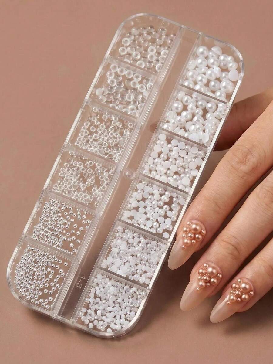 1 Hộp Trang Trí Móng Tay Hình Bán Nguyệt Trong Suốt & Ngọc Trai Trắng Kết Hợp, 12 Ngăn/Bộ Hạt Caviar Thiết Kế Móng 3D, Đá Trang Trí Móng Tay Hình Bán Nguyệt Ngọc Trai, Phụ Kiện Trang Trí Móng Tay, Thích Hợp Cho Nữ Giới Làm Móng Thư Giãn Tại Tiệm Làm Móng, Phong Cách Hàn Quốc, Phù Hợp Mọi Mùa. - Nhiều màu - Xem 1