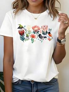 Camiseta mujer estampado flores y aves multicolor diseño natural artístico estilo fresco cuello redondo - Blanco - Ver 1