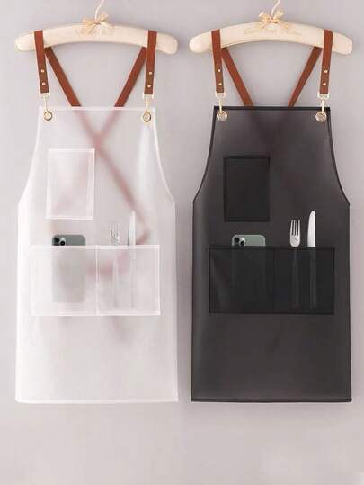 1Pc Waterproof Apron With Adjustable Straps, Back Tie Design With Pockets, Vintage Solid Color Baking Cooking Kitchen Apron, Comfortable For Home Chef