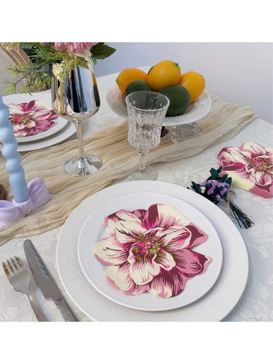 20pcs Pink/Green Flower Hollow Out Disposable Napkins, Colorful Printed Paper Napkins, 13x13 Inches, Suitable For Wedding, Birthday Party Decoration, Baby Shower Party Decoration, Home Gathering Restaurant Hotel Tableware Supplies, Holiday Party Table Napkins - Multiple Styles - View 1