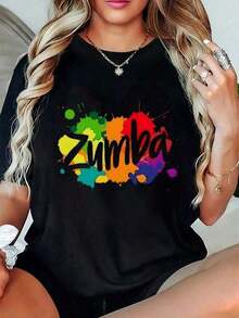 Camiseta Unisex Colorida para Zumba, Estampado Creativo, Algodón Suave, Fitness, Deporte, Casual, Cómoda, Elegante, Negra, Deportiva, de Ocio, Única, Moderna, para Mujer, Varios Tamaños, Prenda Popular - Negro - Ver 8