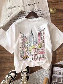 New York City Graphic T-Shirt, Women's Casual Short-Sleeved Crew Neck T-Shirt, Summer Vacation Outfit, White Shirt - White - View 2