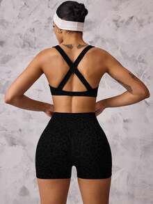 Sports 2pcs Leopard Print Twisted Cross Bra And Shorts Sports Set Workout Women Sets Y2k Glowmode - Coffee Brown - View 11