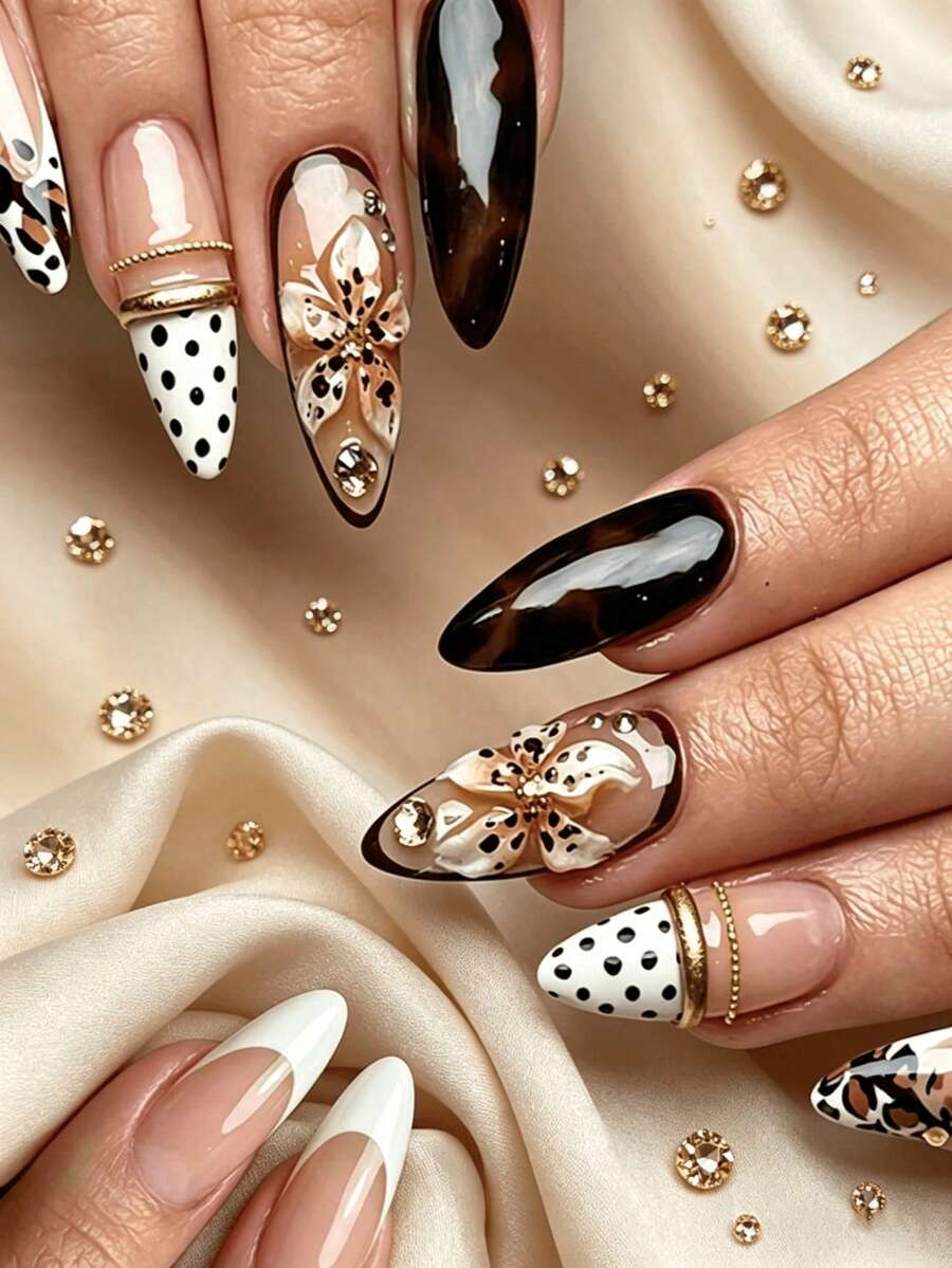 30pcs Spice Girl Nail Sticker Oval,Sweet And Cool,3D Hand Painted Flower Nail ,Leopard Print,Cat's Eye,Pearl,1pc Jelly Gel And 1pc Nail File,For Women/Girls In Daily Life,Parties,Beauty,Nail Art,Birthday,Gift,Holidays,Graduation, Travel - Multicolor - View 1