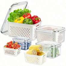 6pcs Plastic Food Storage Containers With Lids, Multifunctional Refrigerator Airtight Seal Boxes, With Drain Baskets Set For Fruits, Vegetables And Kitchen Food Organization (3 Drain Baskets + 3 Storage Boxes) - White - View 5