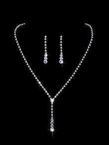 1 Set Bridal Necklace Earrings Jewelry Set, Fashionable Elegant Versatile Rhinestone Decorated Choker Necklace - Silver - View 16