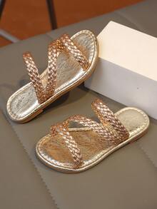 1 Pair Girls' Metallic Woven Flat Open-Toe Sandals, Comfortable & Minimalist, Unique For Beach. Essential For Kids' Summer Outings And Beach Vacations. - Rose Gold - View 7