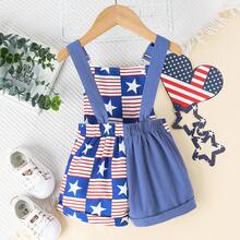 1pc Baby Boy Casual Comfortable Colorblock Printed Suspender Shorts, Lightweight Summer Holiday - Blue - View 3
