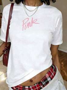Camiseta Rosa Estampada, Manga Corta, Cuello Redondo, Top Casual para Verano y Primavera, Ropa de Mujer - Blanco - Ver 6