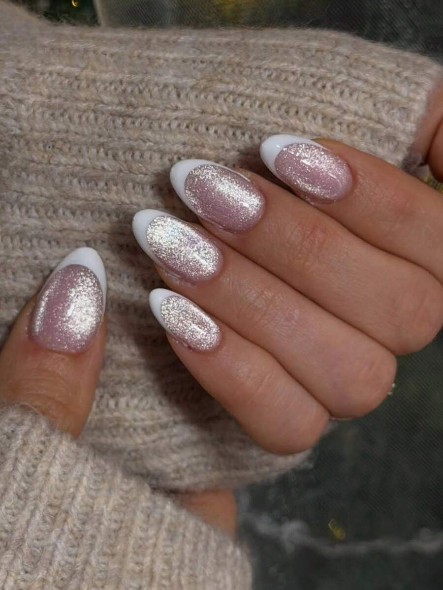 24pcs Pink & Silver Shiny Cat Eye French Manicure Nail Stickers, Short Oval Gentle Whitening Nail Wraps With Tools Kit, Almond Shape Press-On Nails Include Gel Polish And Nail File, Suitable For Girls & Women Daily, Party, Event - White - View 1