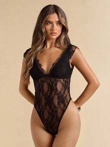 Women's Solid Black Lace Sheer Deep Camisole, Spring/Summer,Halloween Clothes Women ,Halloween Costume,Halloween Clothes Women ,Halloween Costume - 黑色 - 查看 4