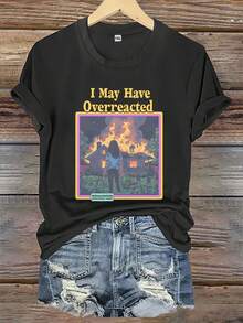 Women's Crew Neck Printed T-Shirt, 220g, 100% Cotton, Casual And Comfortable, Machine Washable, Ideal For All Seasons, Perfect For Casual Wear, Fun Sayings, Ideal For Leisure And Everyday Wear, A Must-Have, Essential For A Relaxed Outfit, Casual Daily Wear-X - Black - View 6