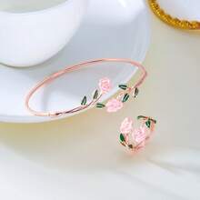 Bộ trang sức hoa loa kèn tráng men 2 món dành cho nữ, vòng tay và nhẫn hình hoa màu hồng mạ vàng, trang sức hoa thanh lịch, thích hợp làm quà sinh nhật. - Nhiều màu - Xem 15