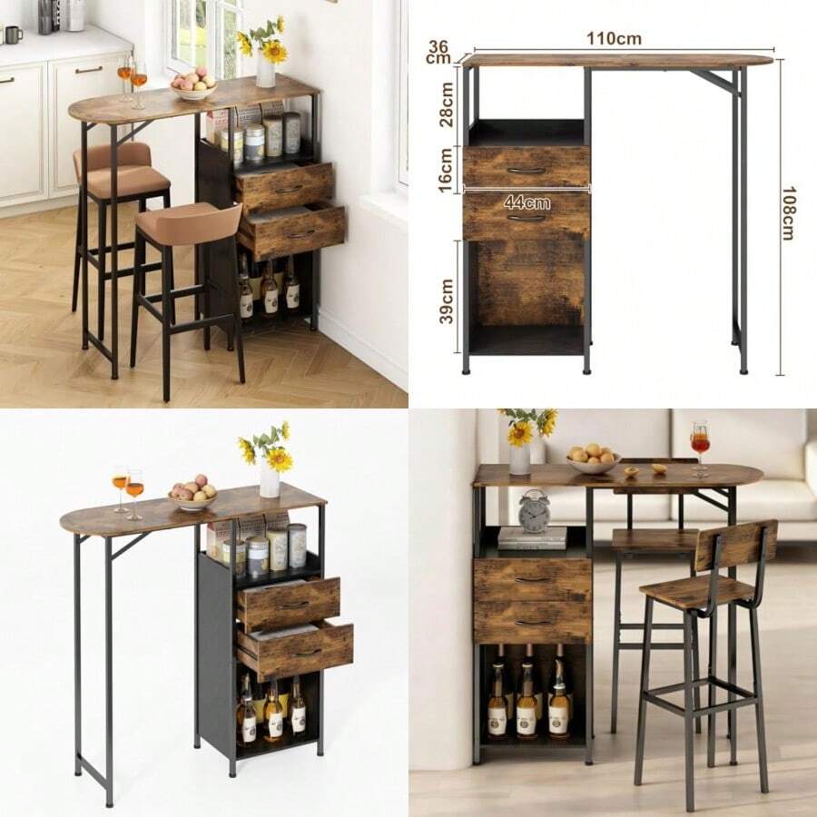 Barra de Cocina Muebles Alacenas Isla de Cocina con Tiene 5 Capas de Espacio de Almacenamiento Mesa de Bar para Zona de Descanso con 2 Cajones Adecuado para Comedor Sala Coffee Bar y Bar - Rstico - Ver 1