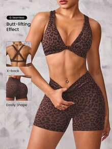 Sports 2pcs Leopard Print Twisted Cross Bra And Shorts Sports Set Workout Women Sets Y2k Glowmode - Coffee Brown - View 13
