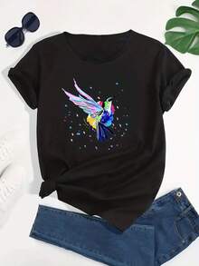 Talla unisex. Camiseta de algodón de verano de talla grande para mujer. Casual, holgada, con un bonito estampado de colibrí de dibujos animados, favorecedora y absorbente de sudor. Material absorbente del sudor, suave y agradable para la piel. - Negro - Ver 1