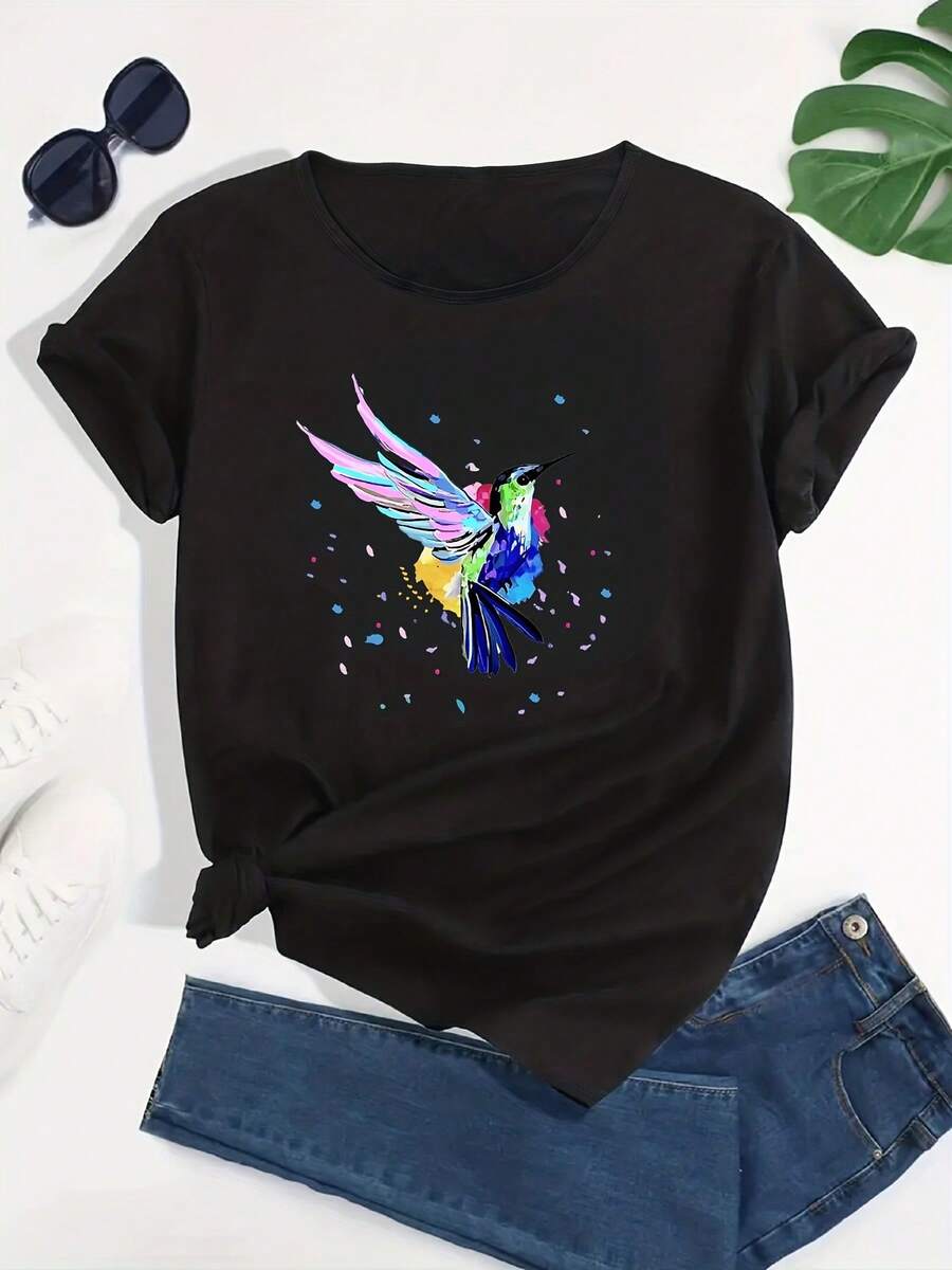 Talla unisex. Camiseta de algodón de verano de talla grande para mujer. Casual, holgada, con un bonito estampado de colibrí de dibujos animados, favorecedora y absorbente de sudor. Material absorbente del sudor, suave y agradable para la piel. - Negro - Ver 1