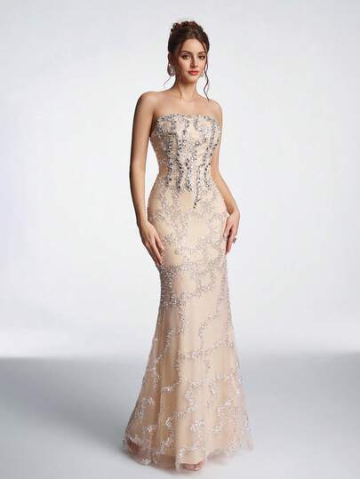 Anymoon Damen elegantes Paillettenkleid & Mesh Patchwork Abendkleid