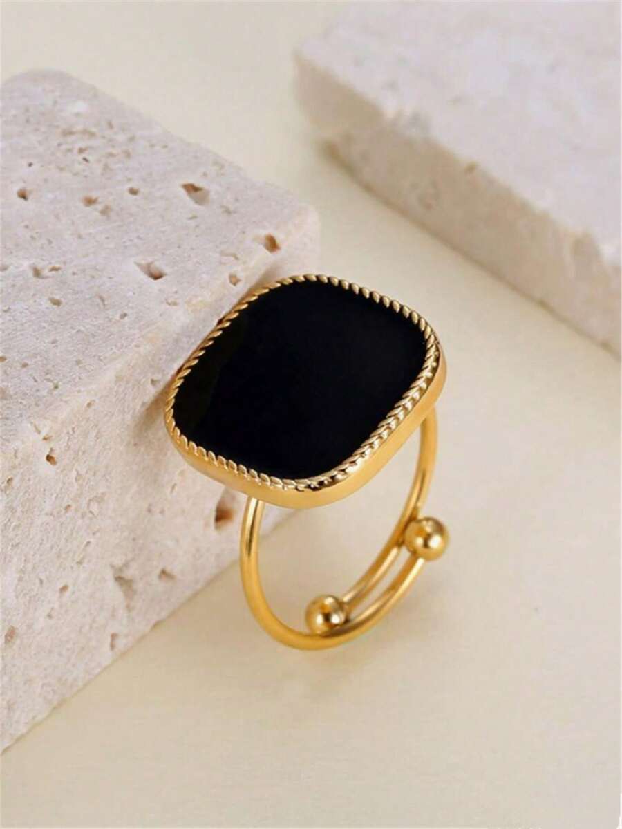 1枚优雅奢华方形水滴形可调节开口戒指，订婚礼物，男女皆宜 - 黑色 - 查看 1