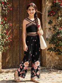 2pcs/Set Girls Casual Criss-Cross Strap Tank Top And Ditsy Floral Straight Leg Pants, Summer - Black - View 3