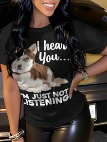 Oversized T-Shirt With Funny Husky Print, Siberian Husky Art, For Husky Lovers, Casual Christmas Style, Round Neck, Short Sleeves, Machine Washable, Suitable For All Seasons, Festive Wear, Seasonal Fashion, Oversized Fit-X - Black - View 7