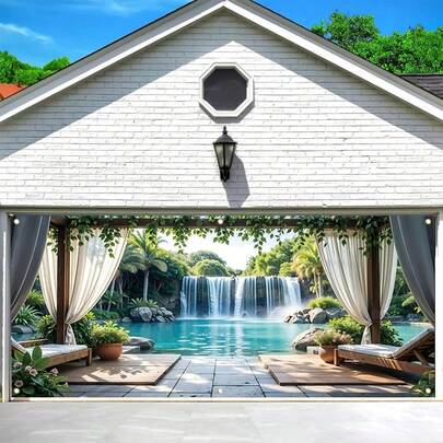 【春季 | 壁画】1幅2D春季主题壁画 | 大型车库门装饰，无需用电 | 瀑布池塘图案，白色底垫，周围环绕植物，派对横幅，适合室内外节日装饰