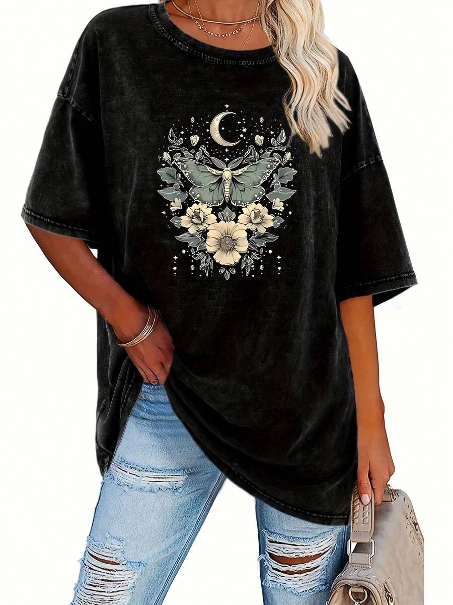 Vintage Washed T-Shirt For Women - 230g Short Sleeve, Crew Neck, Retro Loose Fit With Washable Softness, Casual Spring And Summer Clothing For Layering (Machine Washable)-Lightweight - 黑色 - 查看 1