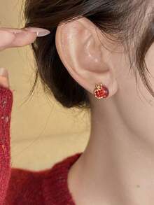 1 Pair Petite Elegant Vintage Pomegranate Unique Design Fully Rhinestone Embedded Glass Stud Earrings, Versatile For Women Daily Wear, Autumn/Winter - Burgundy - 查看 4