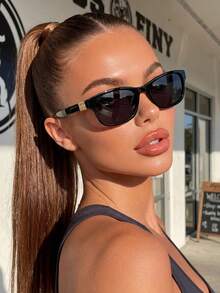 New Narrow Frame Square Cat Eye Retro Fashion Glasses, Essential Accessory For Street Style, Beach Vacation - Black - View 6