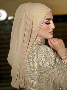 1 chiếc khăn trùm đầu kín đáo bằng vải chiffon đính đá và ngọc trai, hình chữ nhật, thoáng khí, thanh lịch, thích hợp mặc hàng ngày cho áo Abaya của người Hồi giáo. - Màu xanh Ô liu - Xem 19