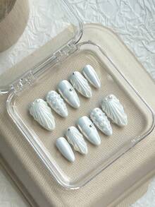 10 piezas de pegatinas de uñas hechas a mano, con forma de almendra blanca, cola de sirena, perla, patrón de rombo, adecuadas para estudiantes, damas de oficina, niñas, fiestas, vacaciones, todas las estaciones - Blanco - Ver 2