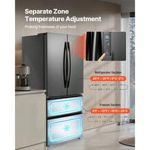 French Door Refrigerator, 18.9 Cu. Ft. Kitchen Fridge, Counter Depth French Refrigerator With LED Display And 4 Casters, Frost-Free Bottom Freezer Refrigerators For Home & Commercial Use, Black - Black - View 4