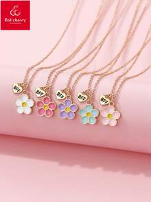 5pcs Girls Zinc Alloy Colorful Enamel Flower Shaped Pendant Necklace Set With BFF Heart Shaped Charm, Suitable For Daily Life And Wear With Friends - Multicolor - View 6