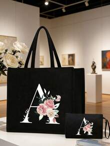 Women's Printed White Letter A-Z Tote Bag, Large Capacity Shoulder Bag, Foldable Durable Shopping Bag, Portable Handbag, Travel Cosmetic Bag, Coin Purse, Suitable For Vacation, Party, Shopping, Work Commute, Birthday, Mother's Day, Wedding, Spring/Summer - Multicolor - View 4