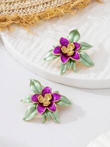1 Pair Women's Metal Gold Multilayer Floral Stud Earrings, Hand-Painted Colorful Flower Earrings. Visually Layered Floral Button Earrings - Hot Pink - View 5