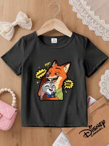 1 Piece Cute Funny Style Kids T-Shirt Disney Zootopia Nick And Judy Laughing Print Summer Breathable Top, This Baby Girl Clothing Is Suitable For Dailr, Versatile And Non-Stuffy, Perfect For Spring And Summer, Vacation, Outdoor Activities, Amusement Park Outfits, Gift For Kids. - 黑色 - 查看 3
