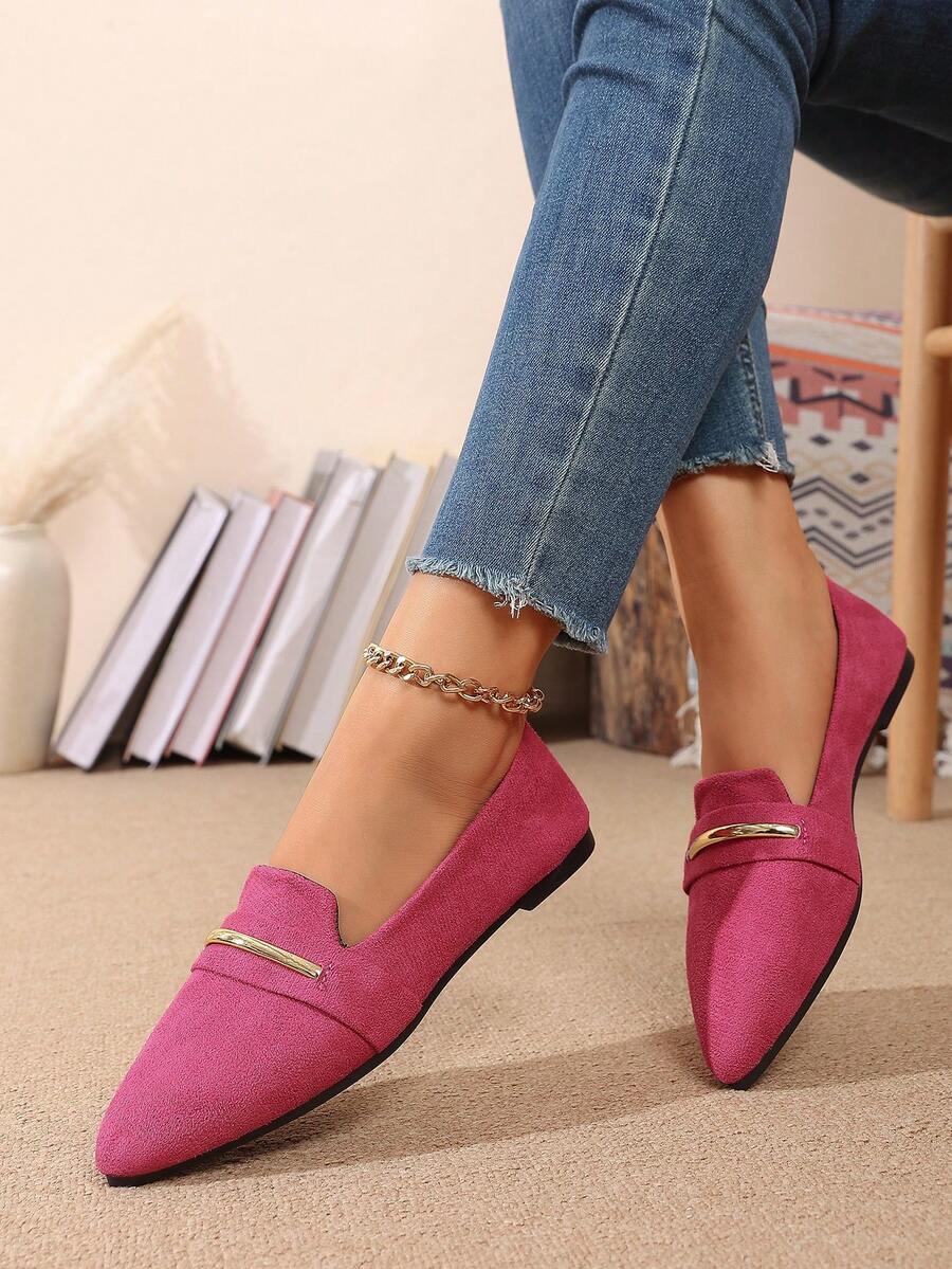 Damen Spitzschuh Metall Dekor Loafers, elegante Veloursleder bequeme Slip-On Schuhe für Büro & Alltag