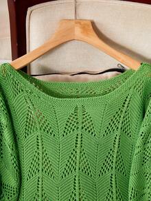 BuyK [Top] Women's Casual Sweater, Solid Color, 3/4 Sleeve Boat Neck, Off Shoulder, Regular Fit, Suitable For Daily Wear And Vacation, With Hollow-Out Design, Suitable For Spring And Summer - Green - View 5