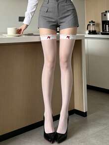 1pc Ultra-Thin Invisible Lace Bow Contrast Color Over-The-Knee Thigh High Stockings With Garter Strap - Multicolor - View 2